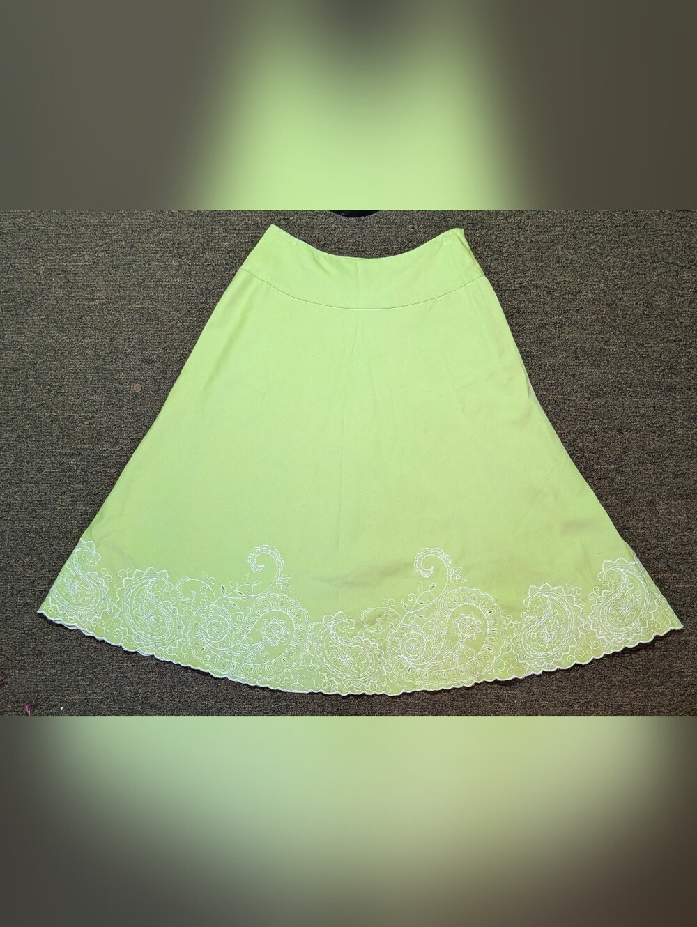 Vtg Diane Gilman DG2 Pea Green Cotton Skirt Womens 6 Embroidered Paisley Boho